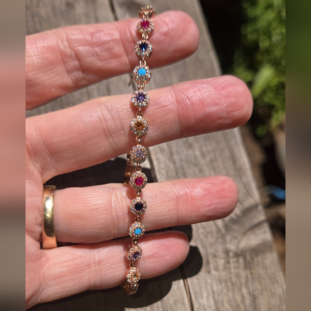 Multi gemstone bracelet sterling & rosegold sz8" - Picture 3 of 9